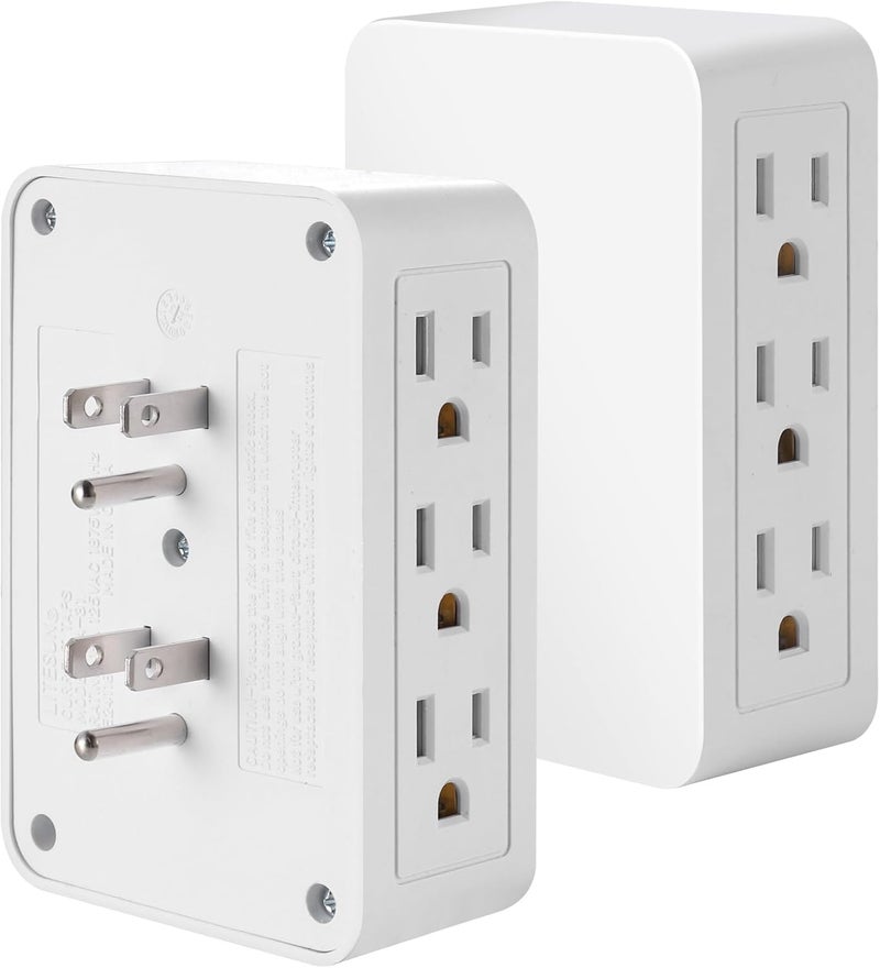 FiiMan 6 Outlet Wall Adapter, UL Listed 3-Prong Grounded Outlet to The Side, Wall Plug Side Access Adapter, 6 Way Outlet Extender Tap, White (2) - Image 1